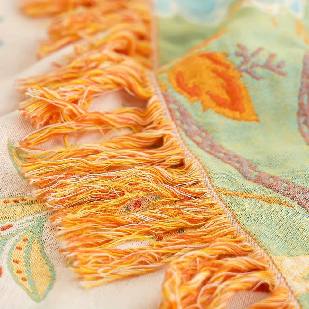 Cotton Floral Throw Blanket – Rustic Boho Fringe