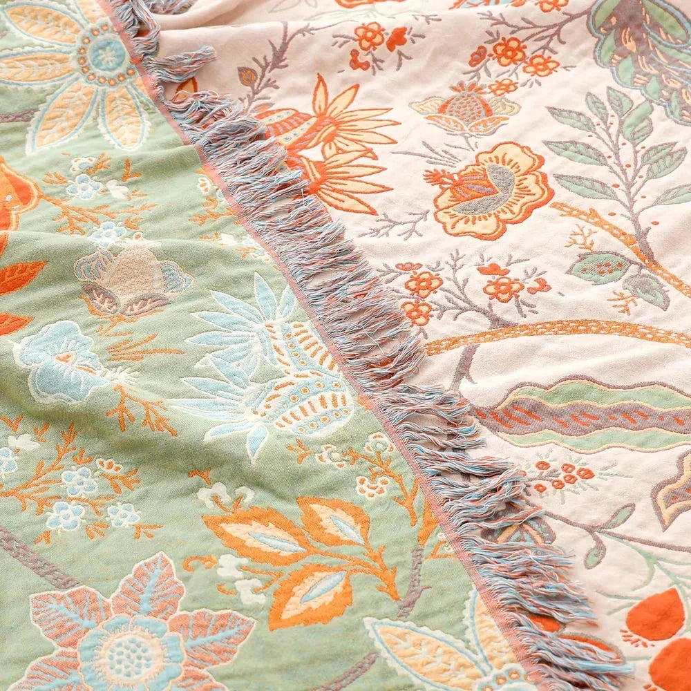 Cotton Floral Throw Blanket – Rustic Boho Fringe