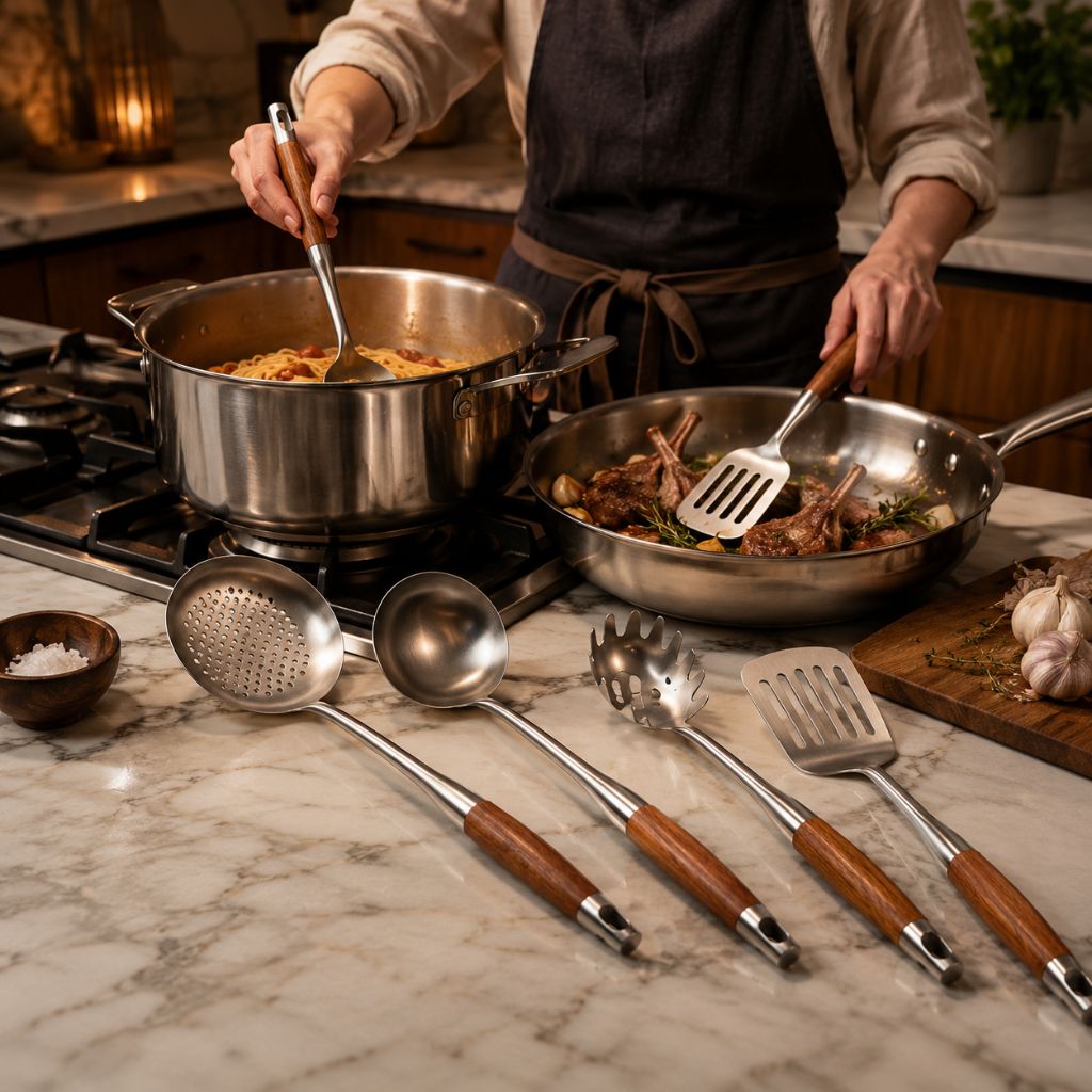 Culina Luxe - Stainless Steel Kitchen Utensil Set with Wooden Handles