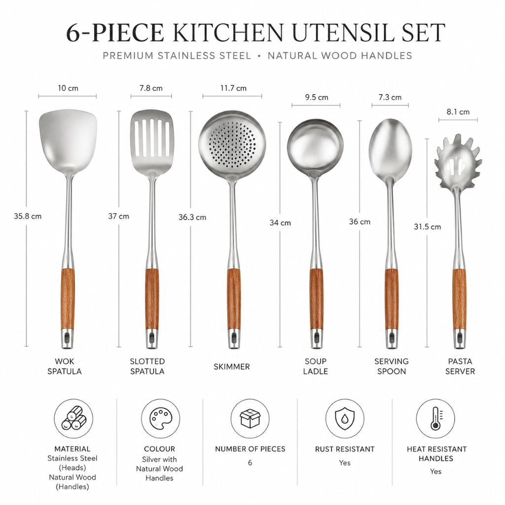 Culina Luxe - Stainless Steel Kitchen Utensil Set with Wooden Handles