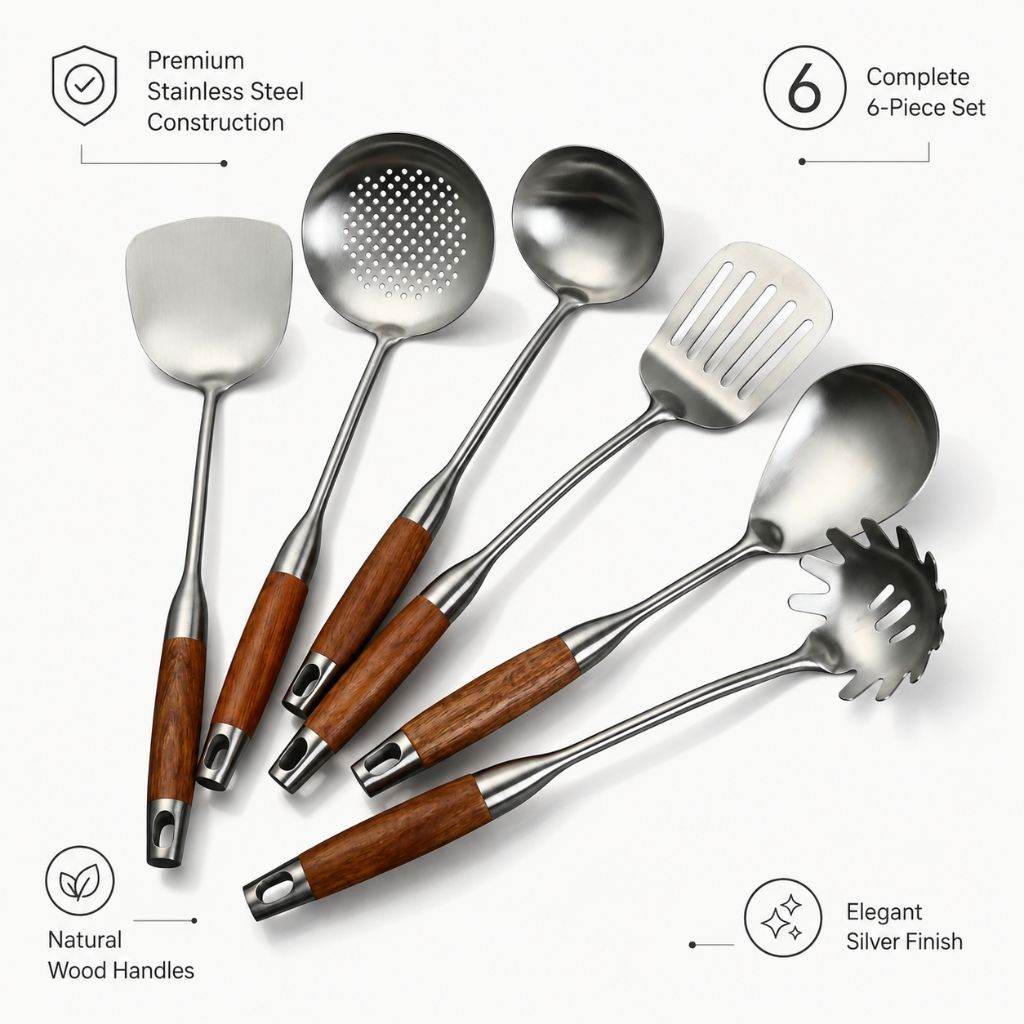 Culina Luxe - Stainless Steel Kitchen Utensil Set with Wooden Handles