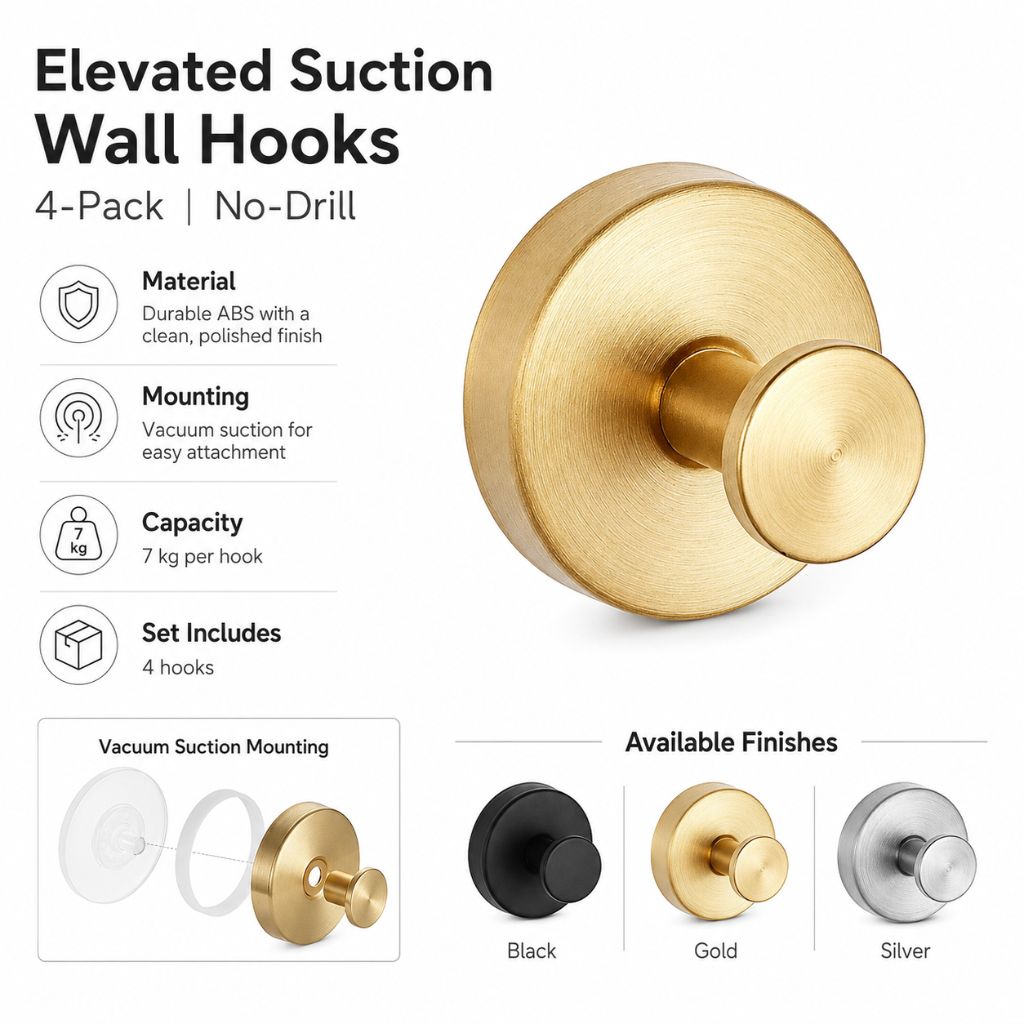 Elevated Suction Wall Hooks | 4-Pack - No-Drill