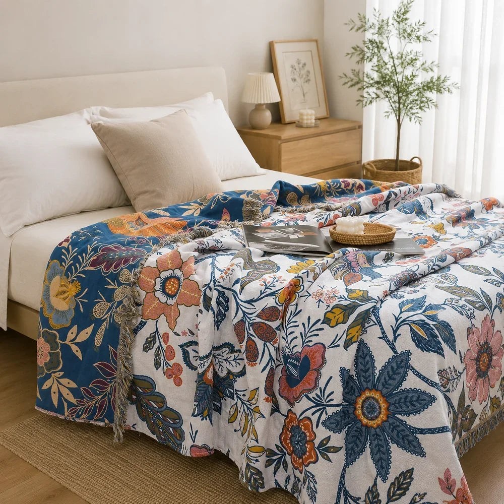 Floral Cotton Throw Blanket – Reversible Jacquard with Tassels
