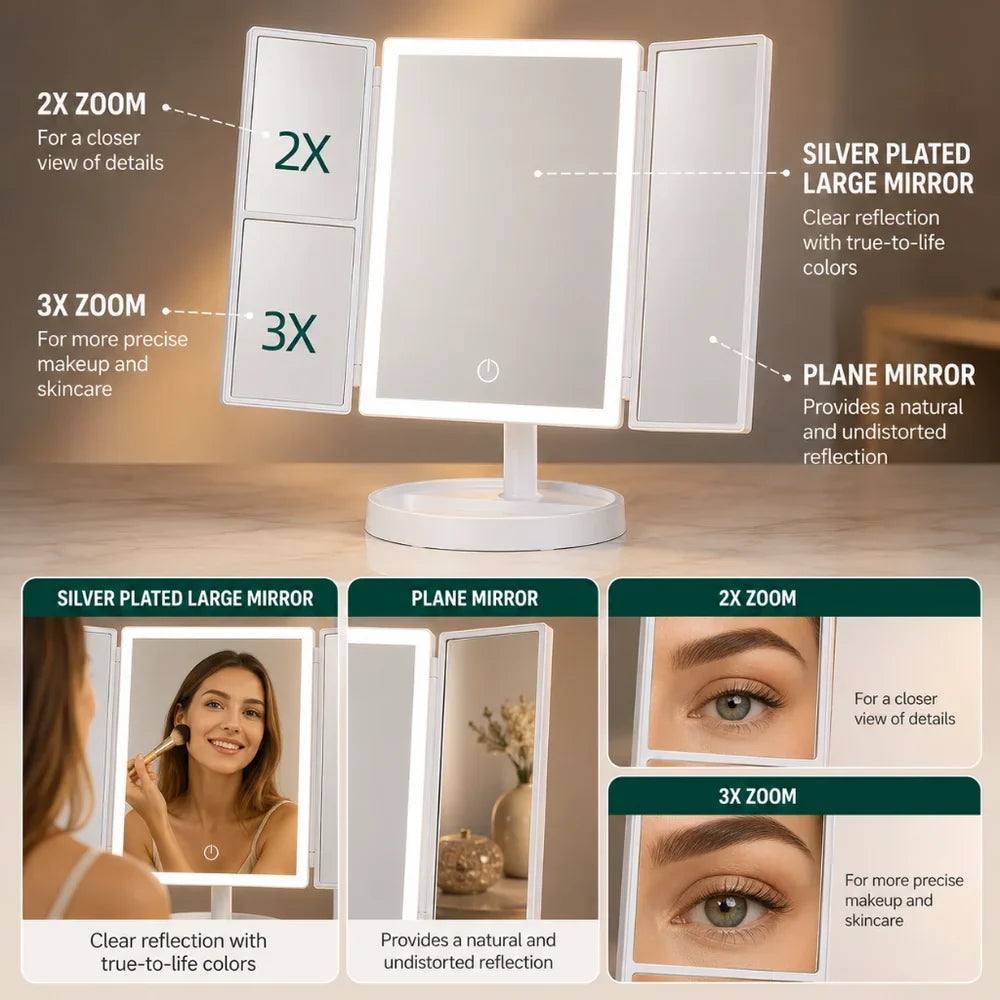 Foldable Makeup Magnifying Mirror with LED Light 3 Tone Dimmable