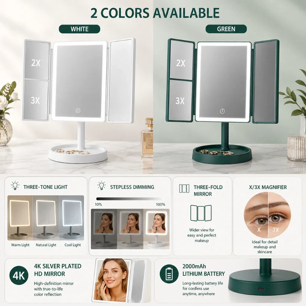 Foldable Makeup Magnifying Mirror with LED Light 3 Tone Dimmable