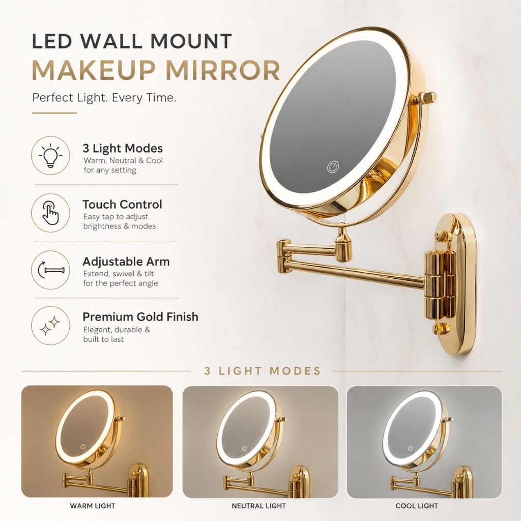 Gold LED Magnifying Mirror – Rechargeable Perfect for Makeup & Bathroom