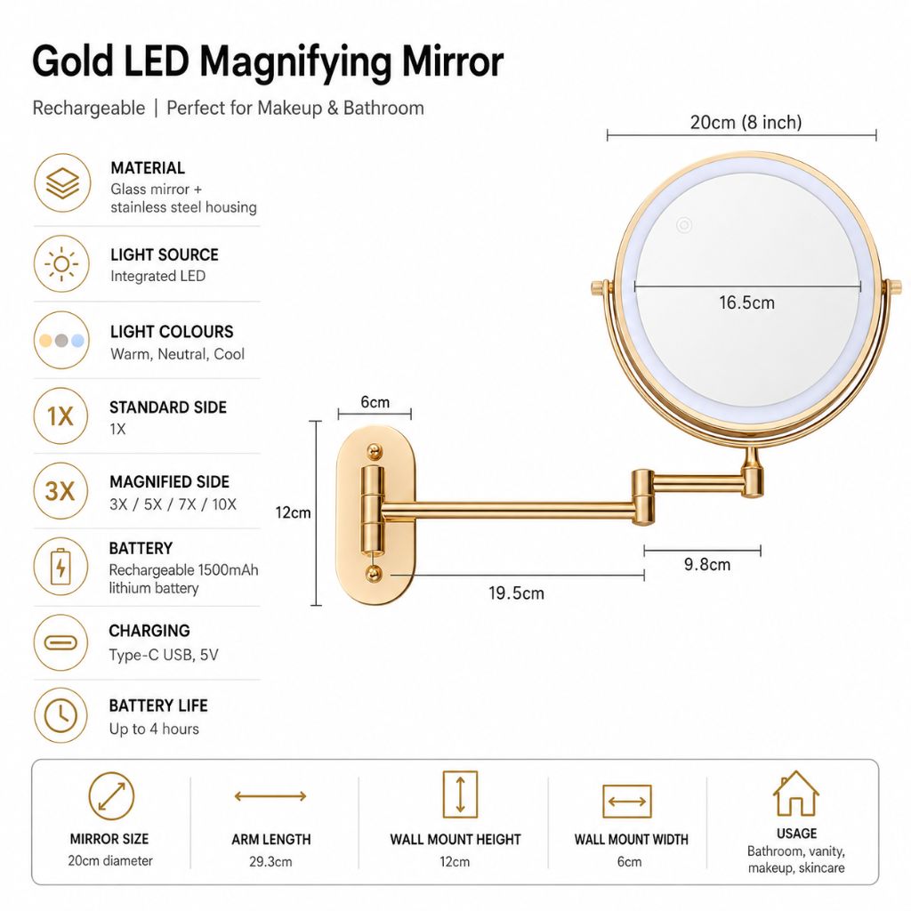 Gold LED Magnifying Mirror – Rechargeable Perfect for Makeup & Bathroom