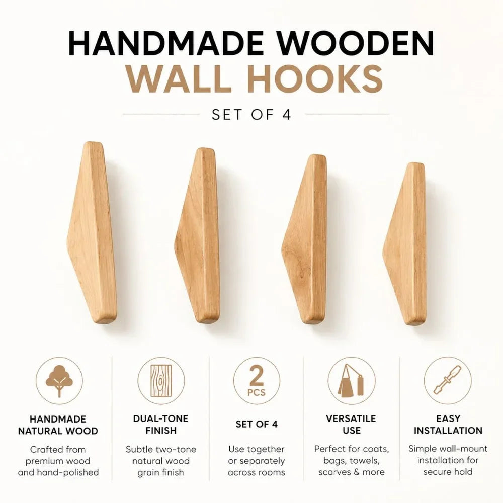 Handmade Wooden Wall Hooks - Set of 4 Boho Natural Wood