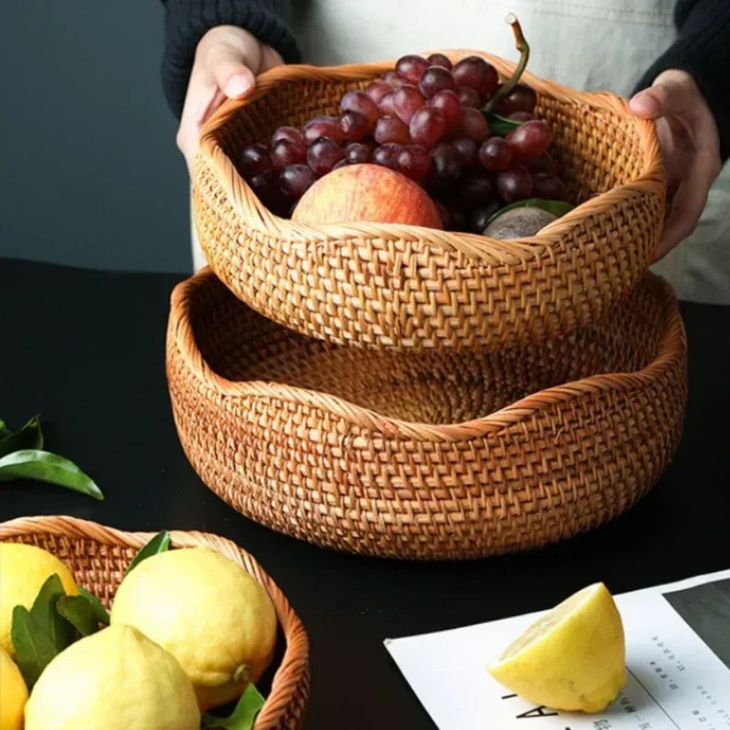 Handwoven Rattan Storage Basket for Bread and Fruit