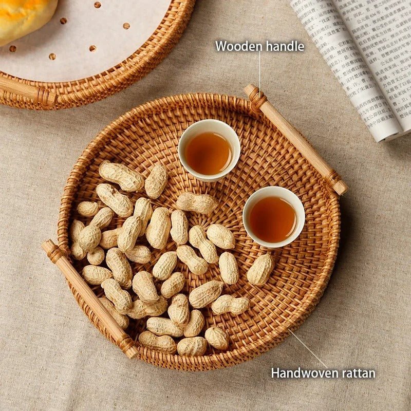 Handwoven Rattan Storage Tray with Wooden Handle