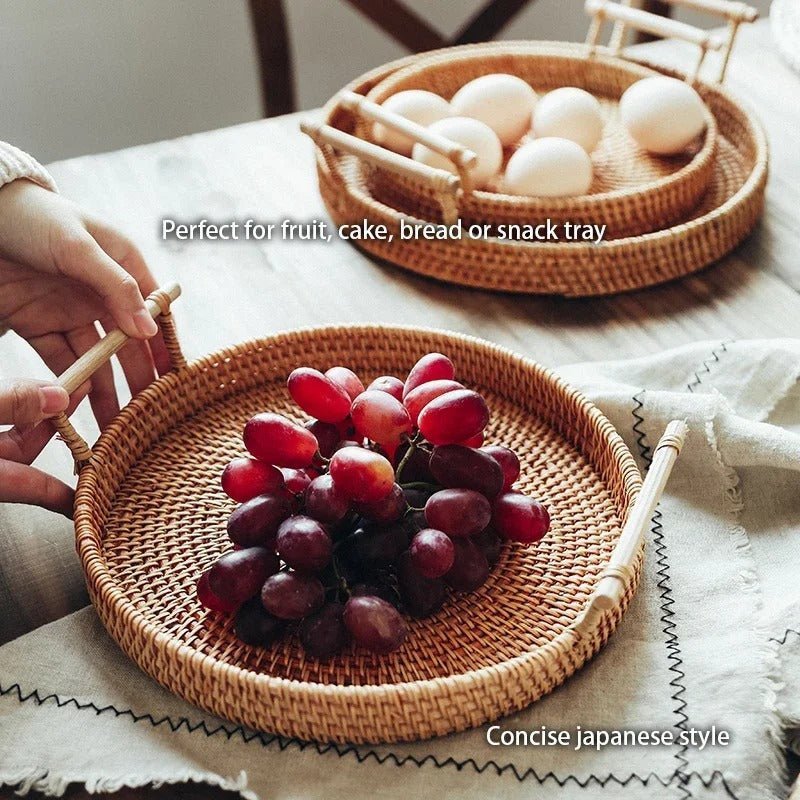 Handwoven Rattan Storage Tray with Wooden Handle