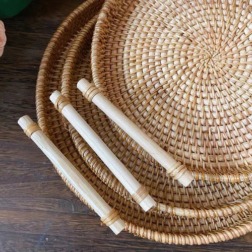 Handwoven Rattan Storage Tray with Wooden Handle