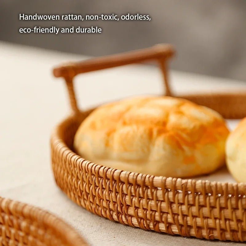Handwoven Rattan Storage Tray with Wooden Handle