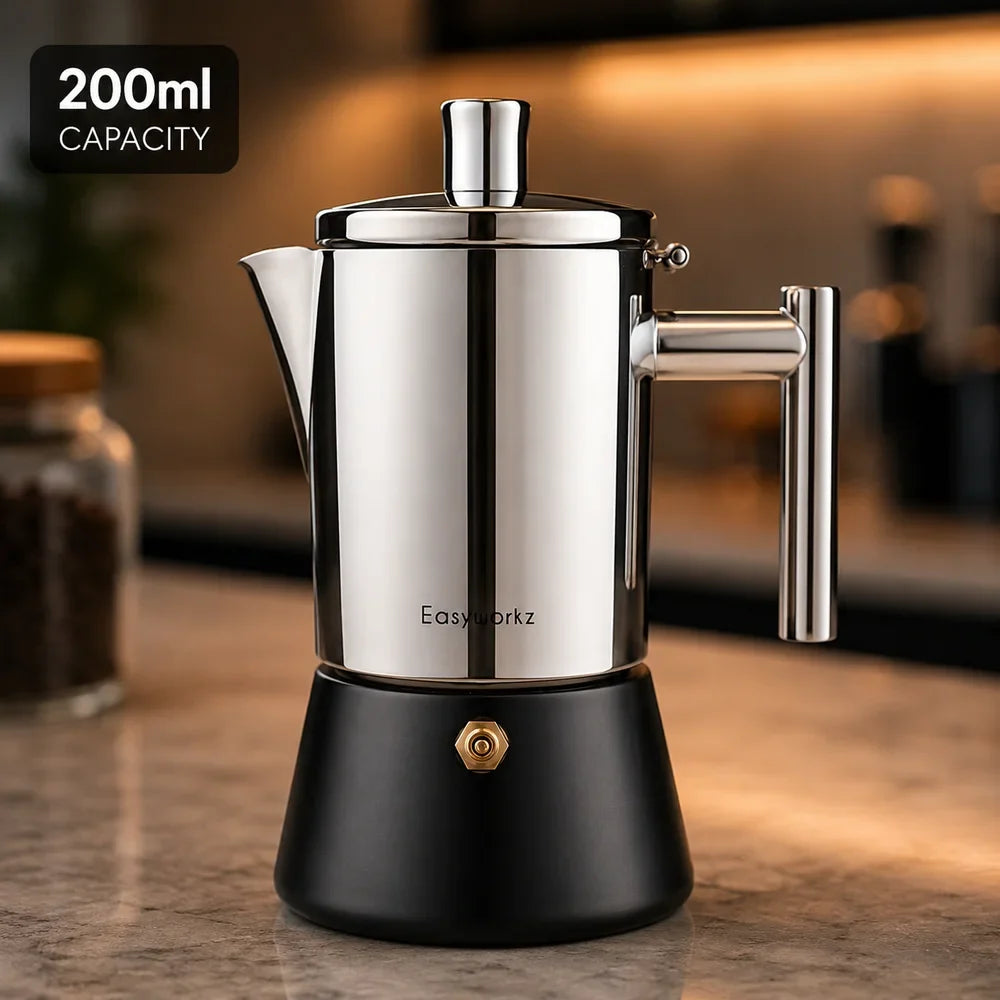 Italian Moka Pot - Stainless Steel with Black Base Design
