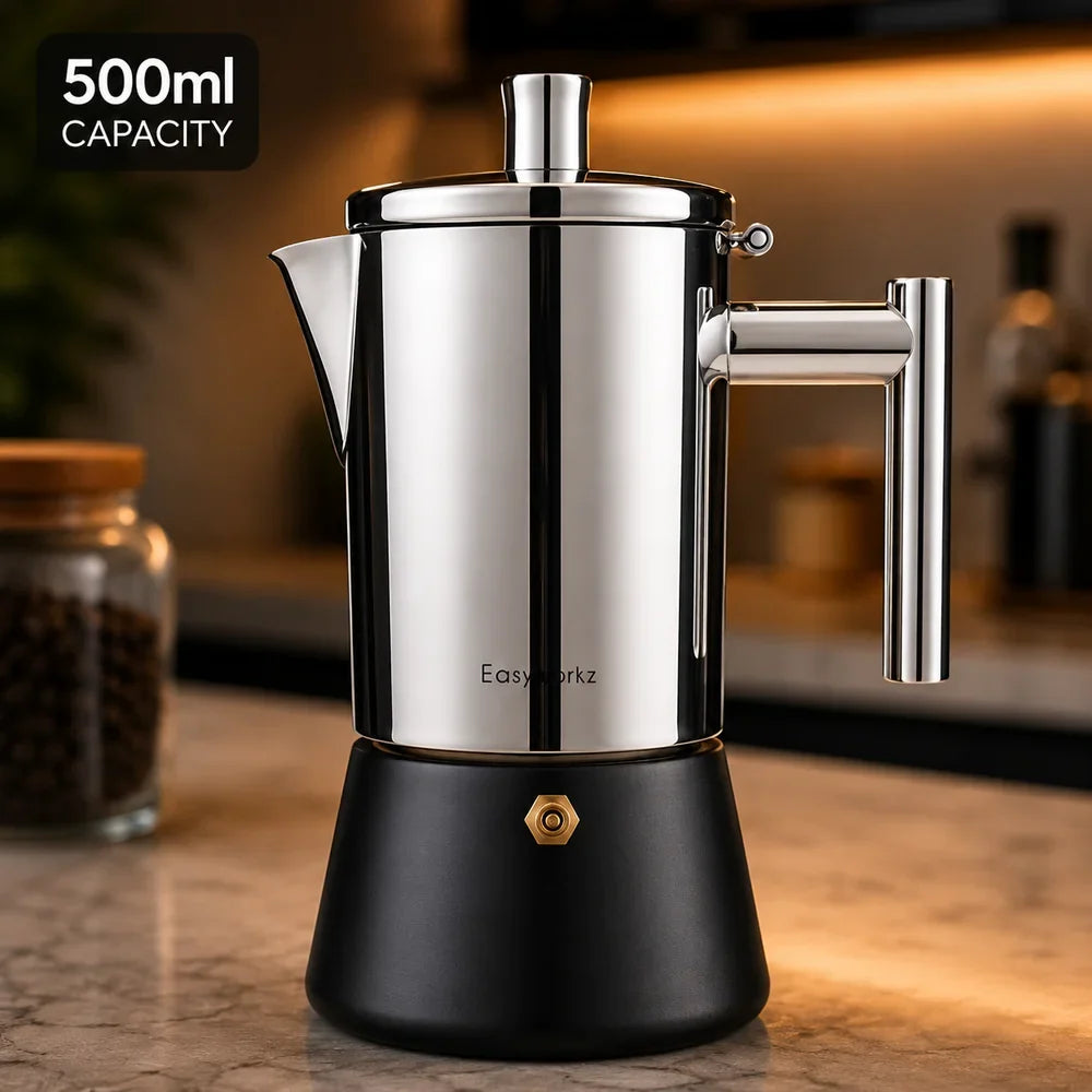 Italian Moka Pot - Stainless Steel with Black Base Design