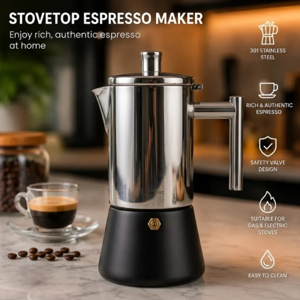 Italian Moka Pot - Stainless Steel with Black Base Design