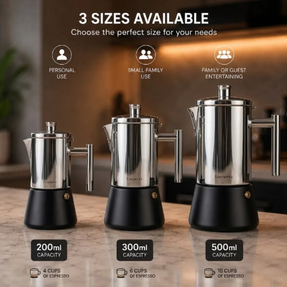 Italian Moka Pot - Stainless Steel with Black Base Design