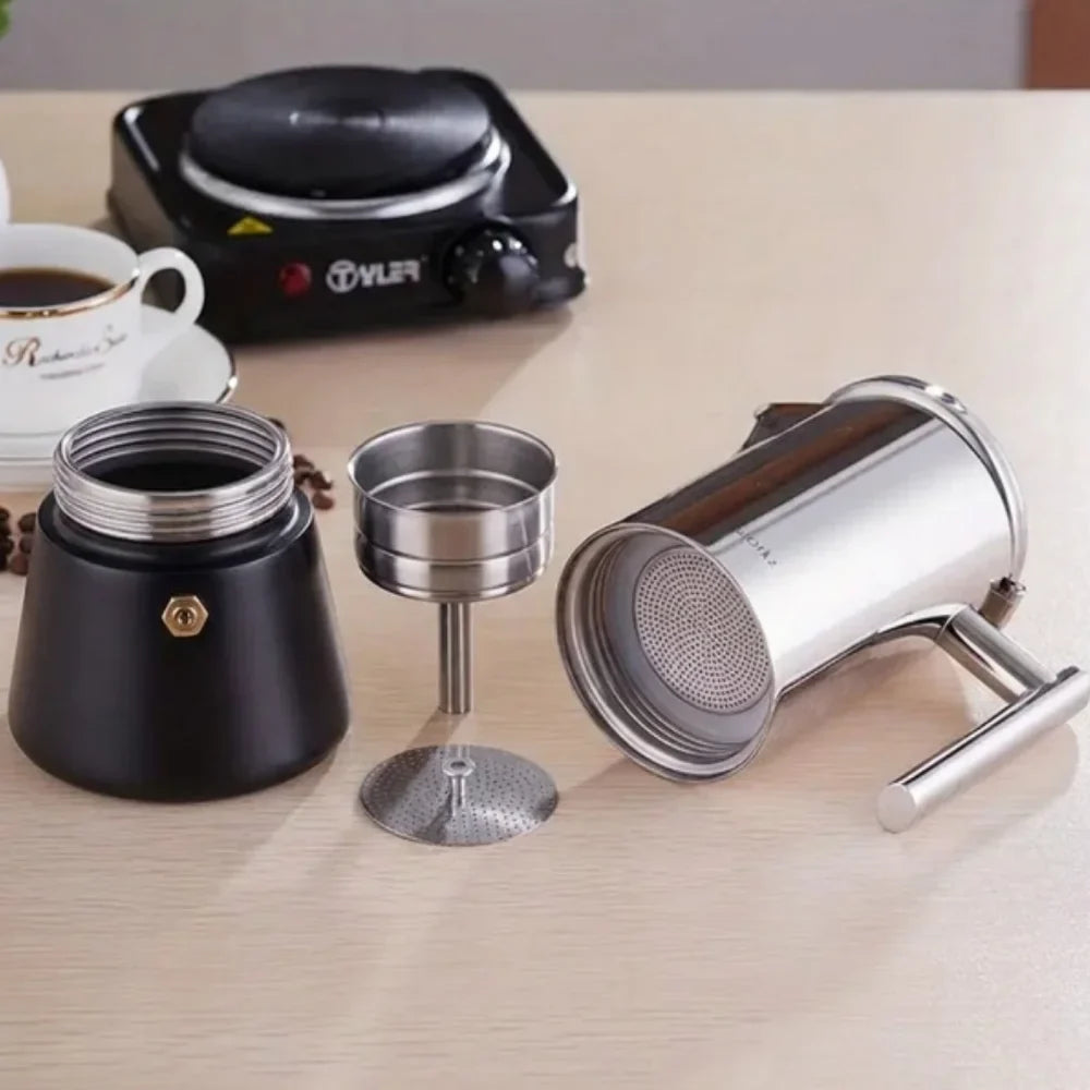 Italian Moka Pot - Stainless Steel with Black Base Design