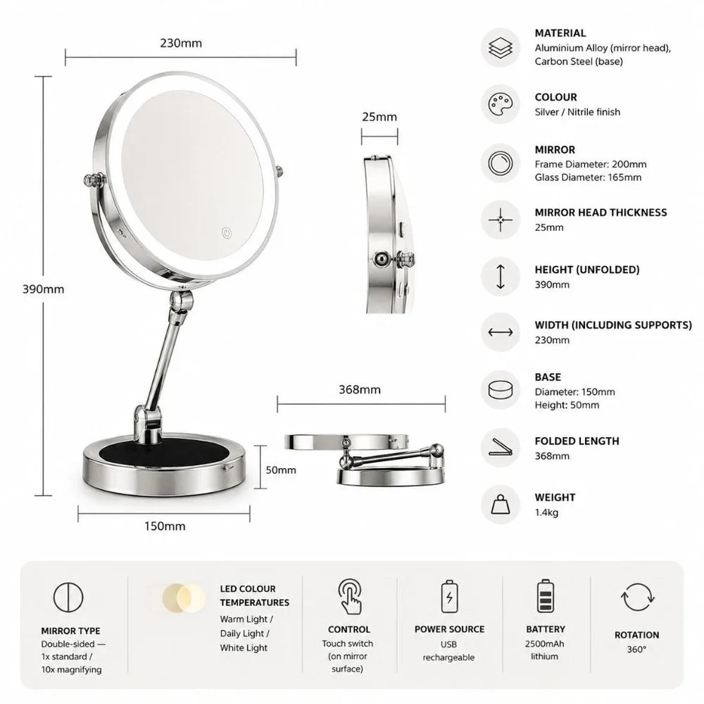 Lighted Tabletop Makeup Mirror 10x Magnifying - Touch Screen Light Control