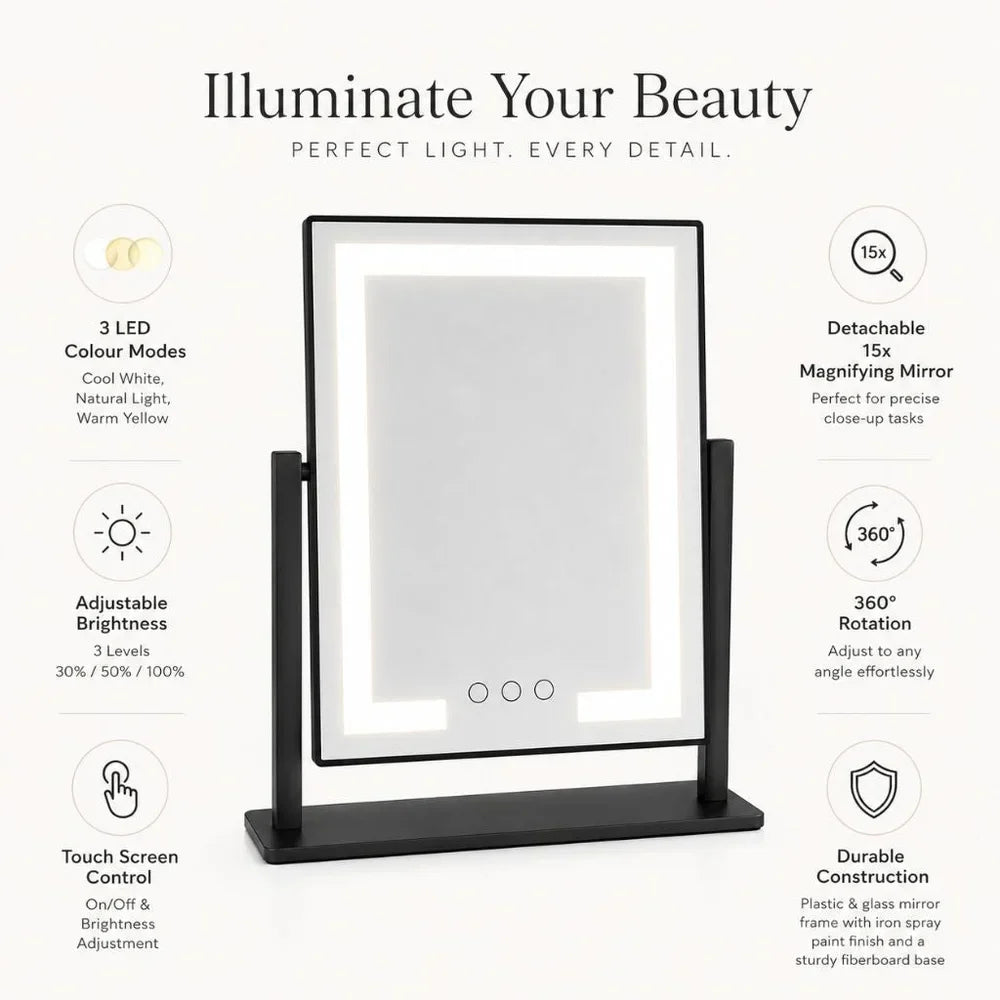 Lighted Vanity Makeup Mirror 3 Colour LED Touch Control 15x Magnifying