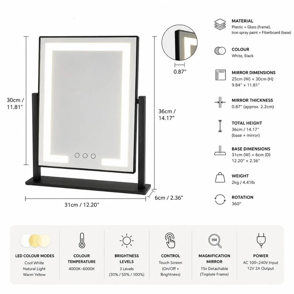 Lighted Vanity Makeup Mirror 3 Colour LED Touch Control 15x Magnifying