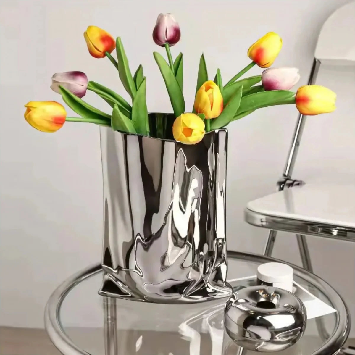 Liquid Silver Vase with Metallic Finish
