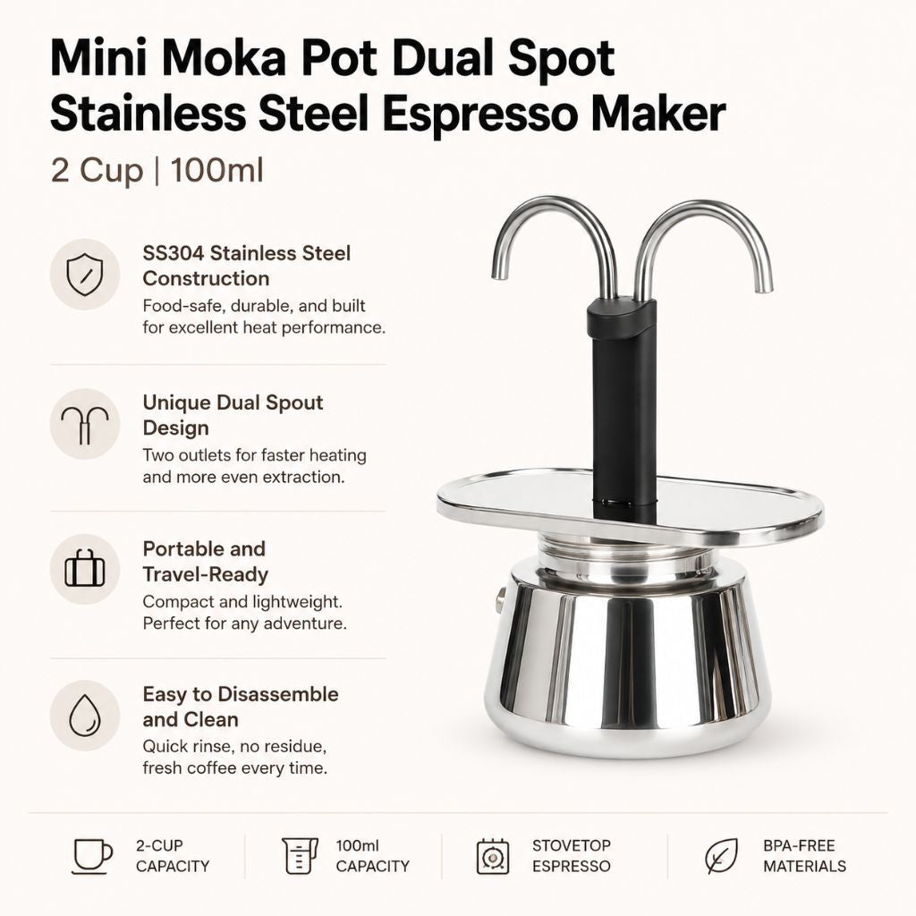 Mini Moka Pot Dual Spot Stainless Steel Espresso Maker - 2 Cup | 100ml