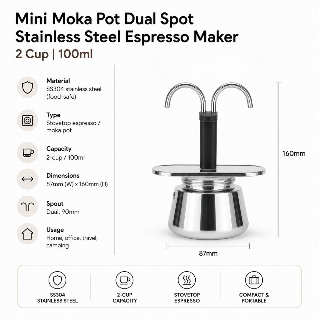 Mini Moka Pot Dual Spot Stainless Steel Espresso Maker - 2 Cup | 100ml