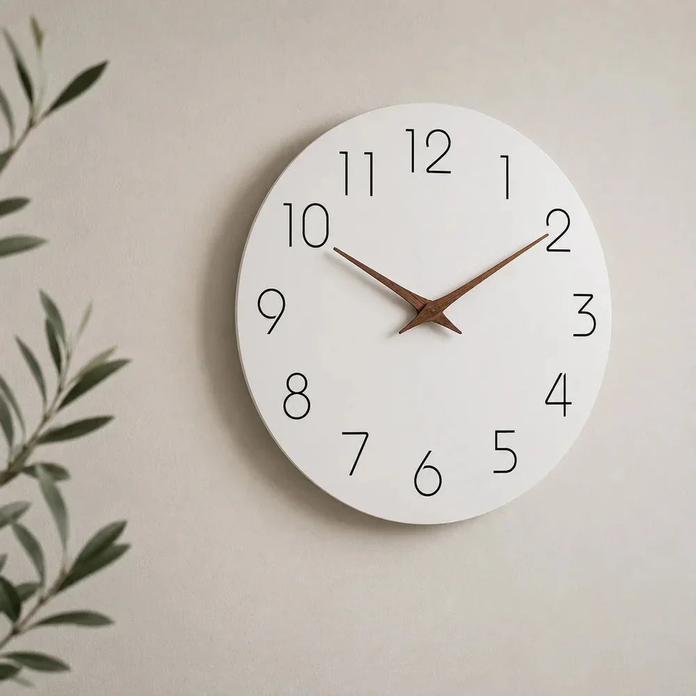 Minimalist Black and White Nordic Wall Clock with Wooden Hands