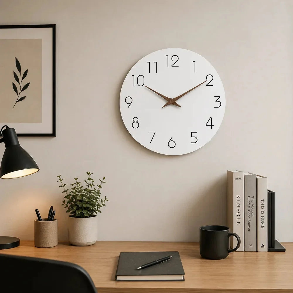 Minimalist Black and White Nordic Wall Clock with Wooden Hands