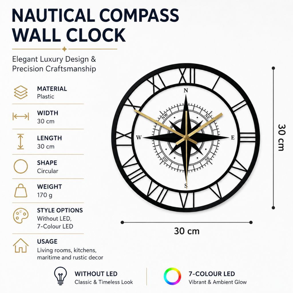 Nautical Compass Wall Clock – Elegant Luxury Design & Precision Craftsmanship