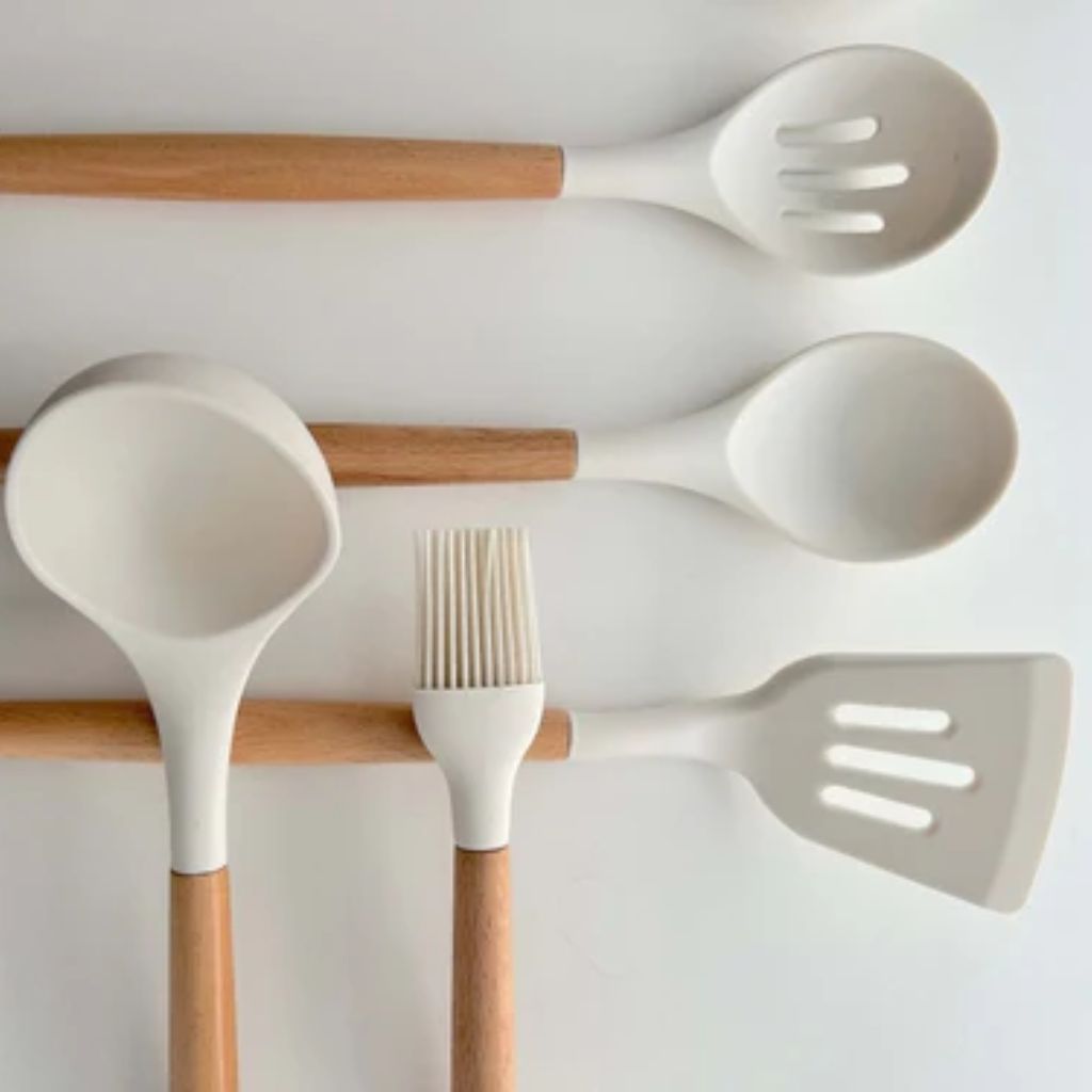 Non-Toxic BPA Free Silicone Cooking Utensil Set with Wooden Handles Lattea