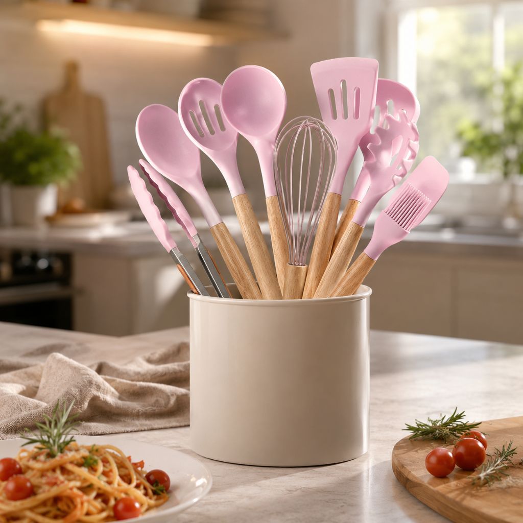 Non-Toxic BPA Free Silicone Cooking Utensil Set with Wooden Handles Lattea