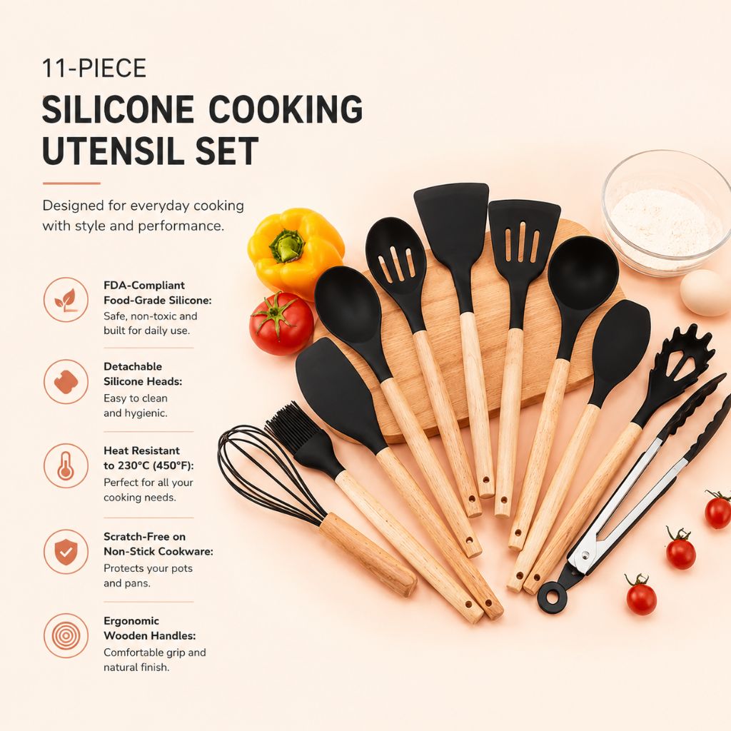 Non-Toxic BPA Free Silicone Cooking Utensil Set with Wooden Handles Lattea