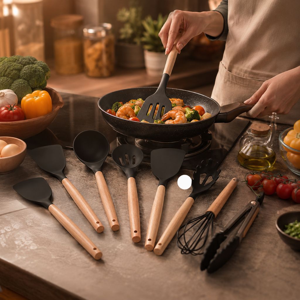 Non-Toxic BPA Free Silicone Cooking Utensil Set with Wooden Handles Lattea