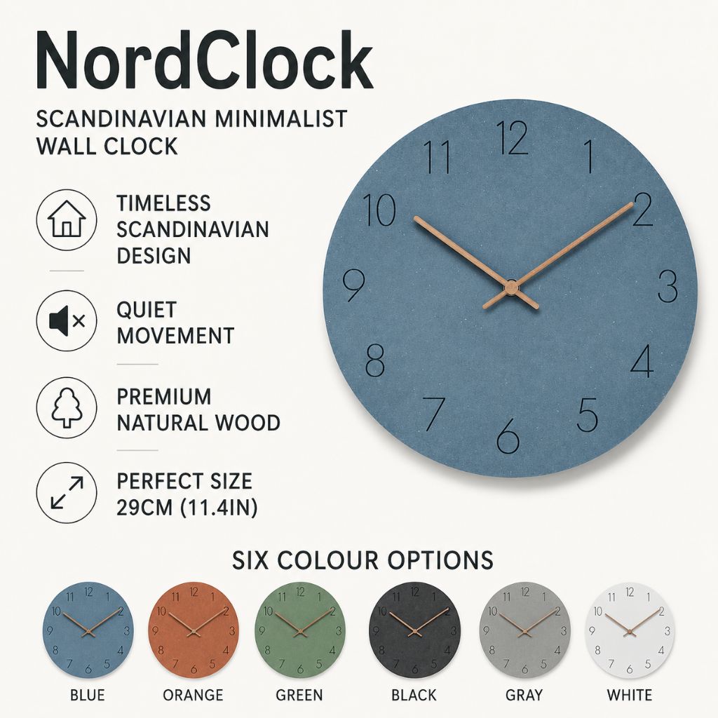 NordClock - Scandinavian Minimalist Wall Clock with Quiet Movement