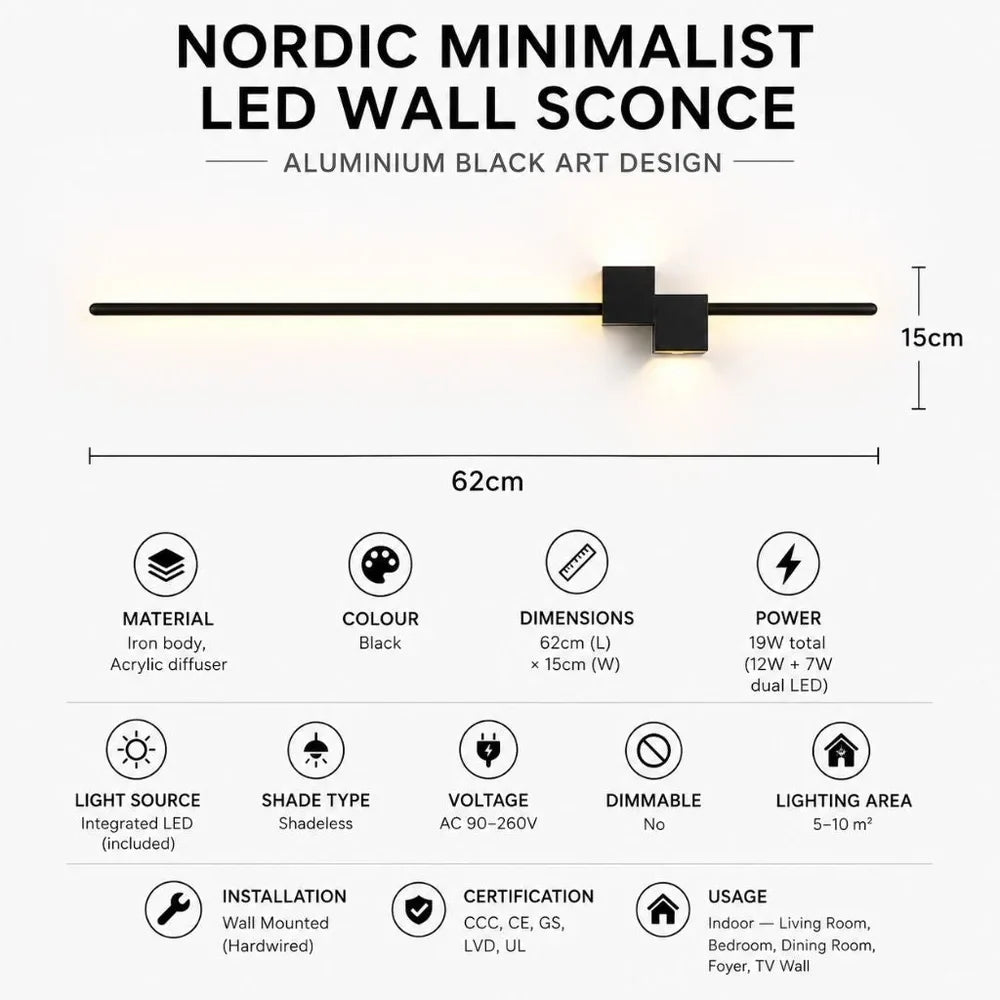Nordic Minimalist LED Wall Sconce Aluminium Black Art Design