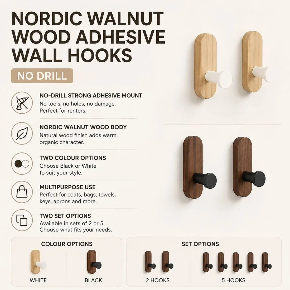 Nordic Walnut Wood Adhesive Wall Hooks - No Drill