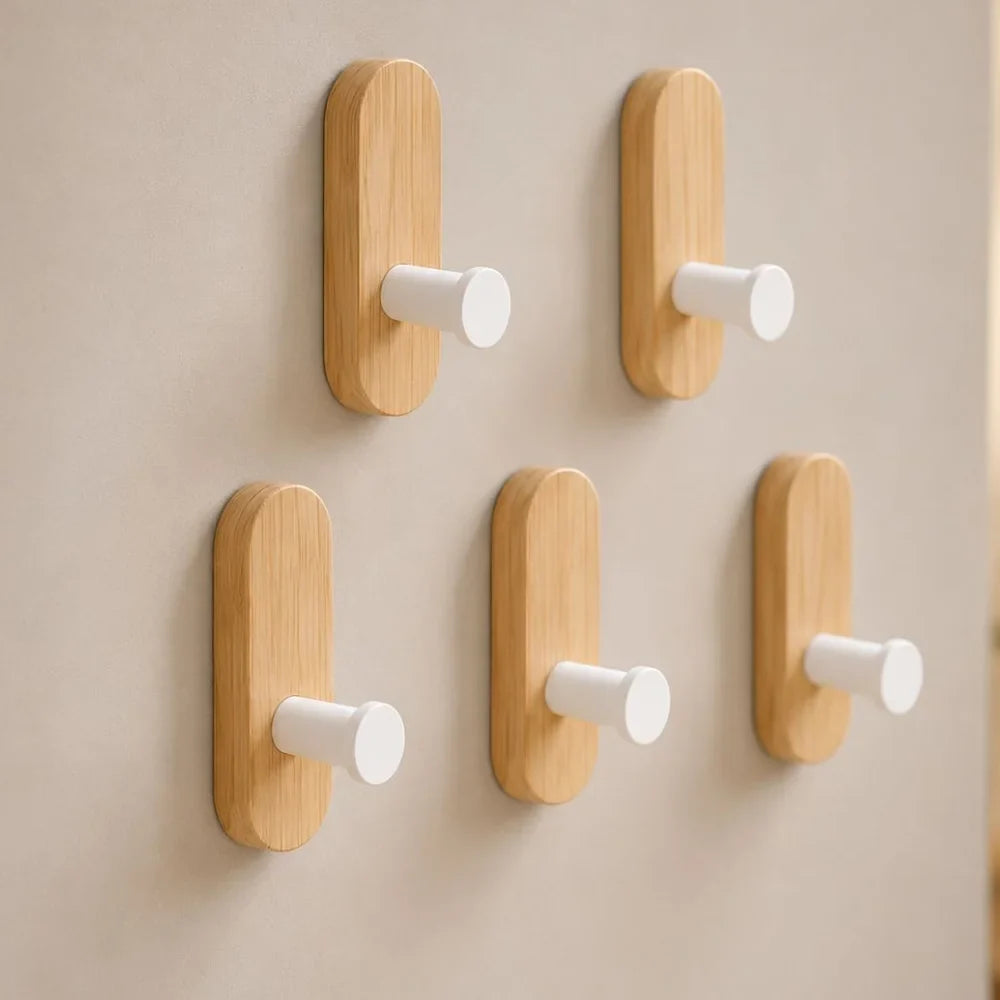 Nordic Walnut Wood Adhesive Wall Hooks - No Drill