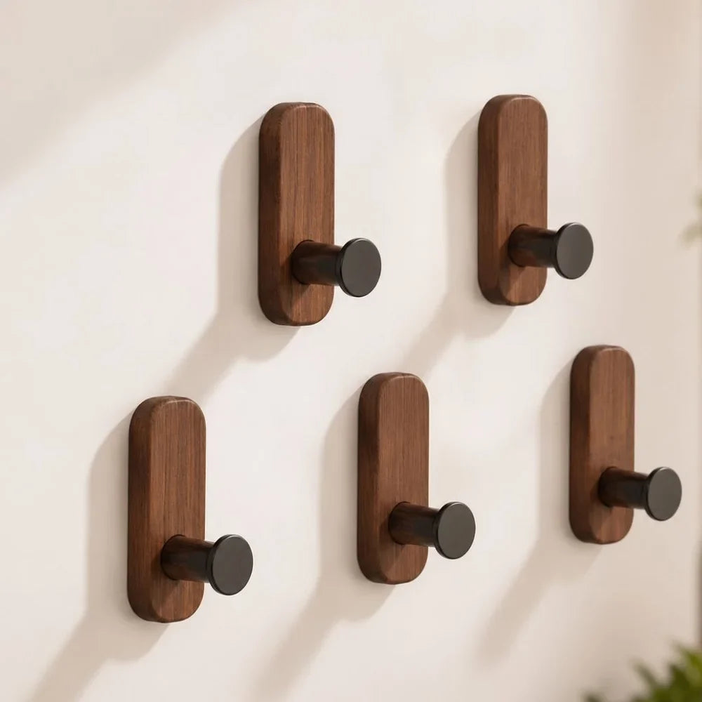 Nordic Walnut Wood Adhesive Wall Hooks - No Drill