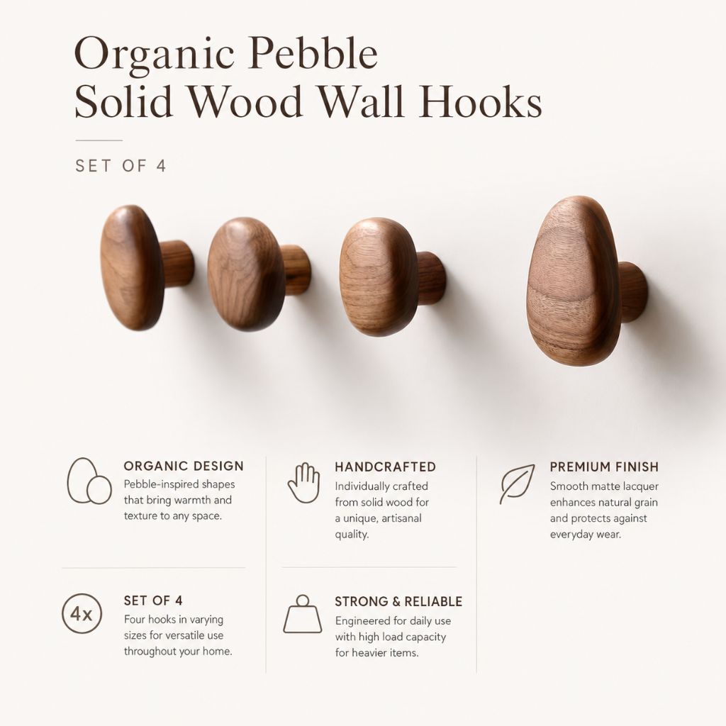 Organic Pebble Solid Wood Wall Hooks – Set of 4