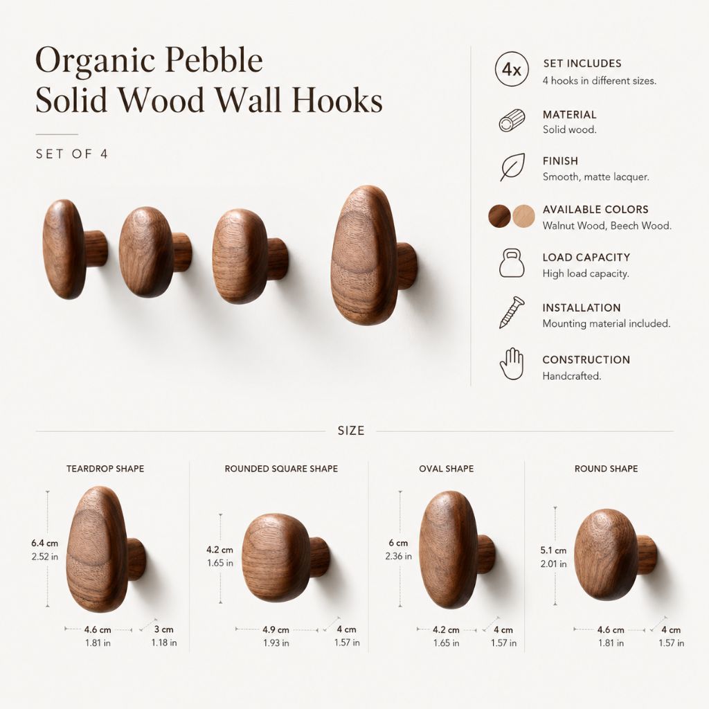 Organic Pebble Solid Wood Wall Hooks – Set of 4