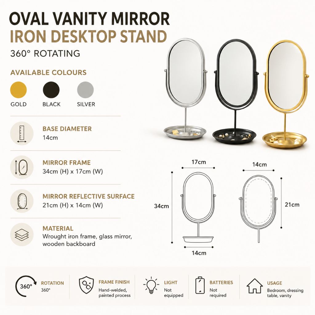 Oval Vanity Mirror Iron Desktop Stand 360° Rotating