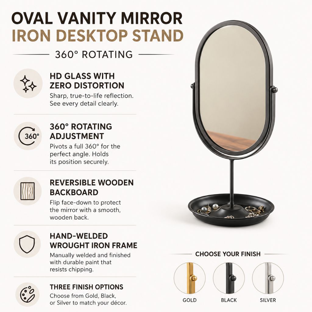 Oval Vanity Mirror Iron Desktop Stand 360° Rotating