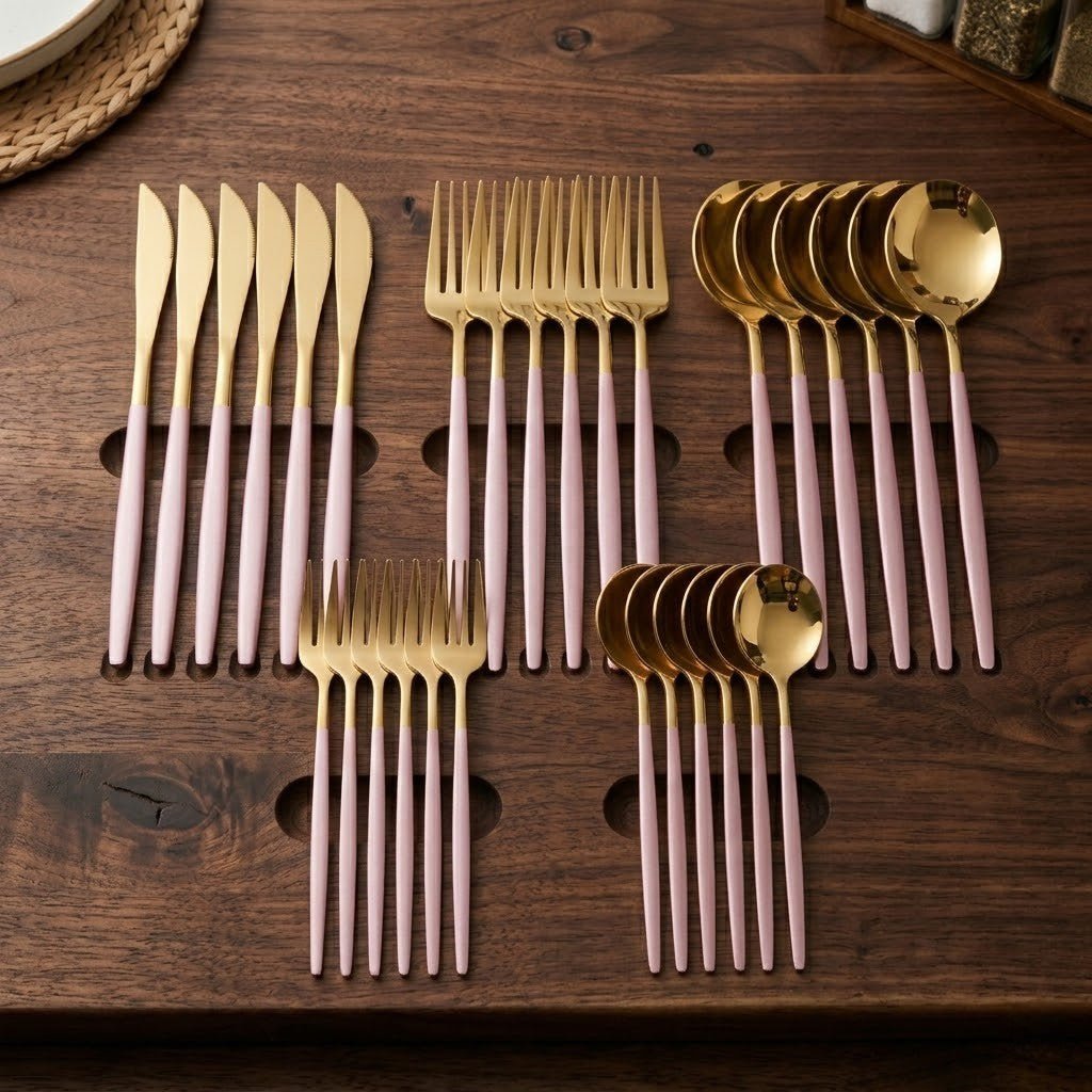 Pink & Gold Stainless Steel Cutlery Set – 30 Piece