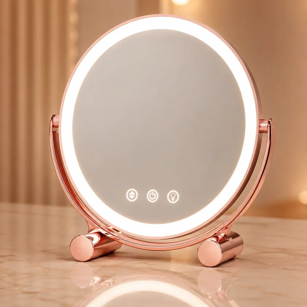 Pink Tabletop LED Makeup Mirror Rechargeable Touch Control