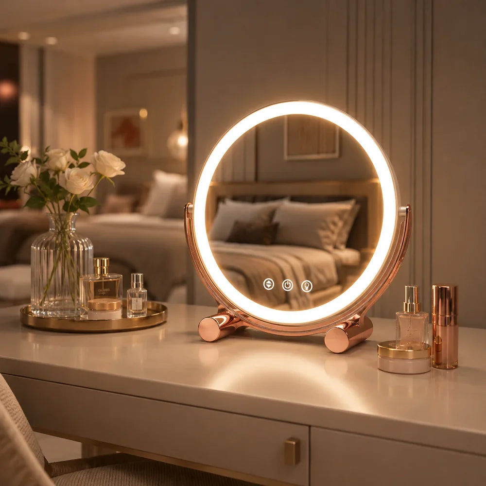 Pink Tabletop LED Makeup Mirror Rechargeable Touch Control