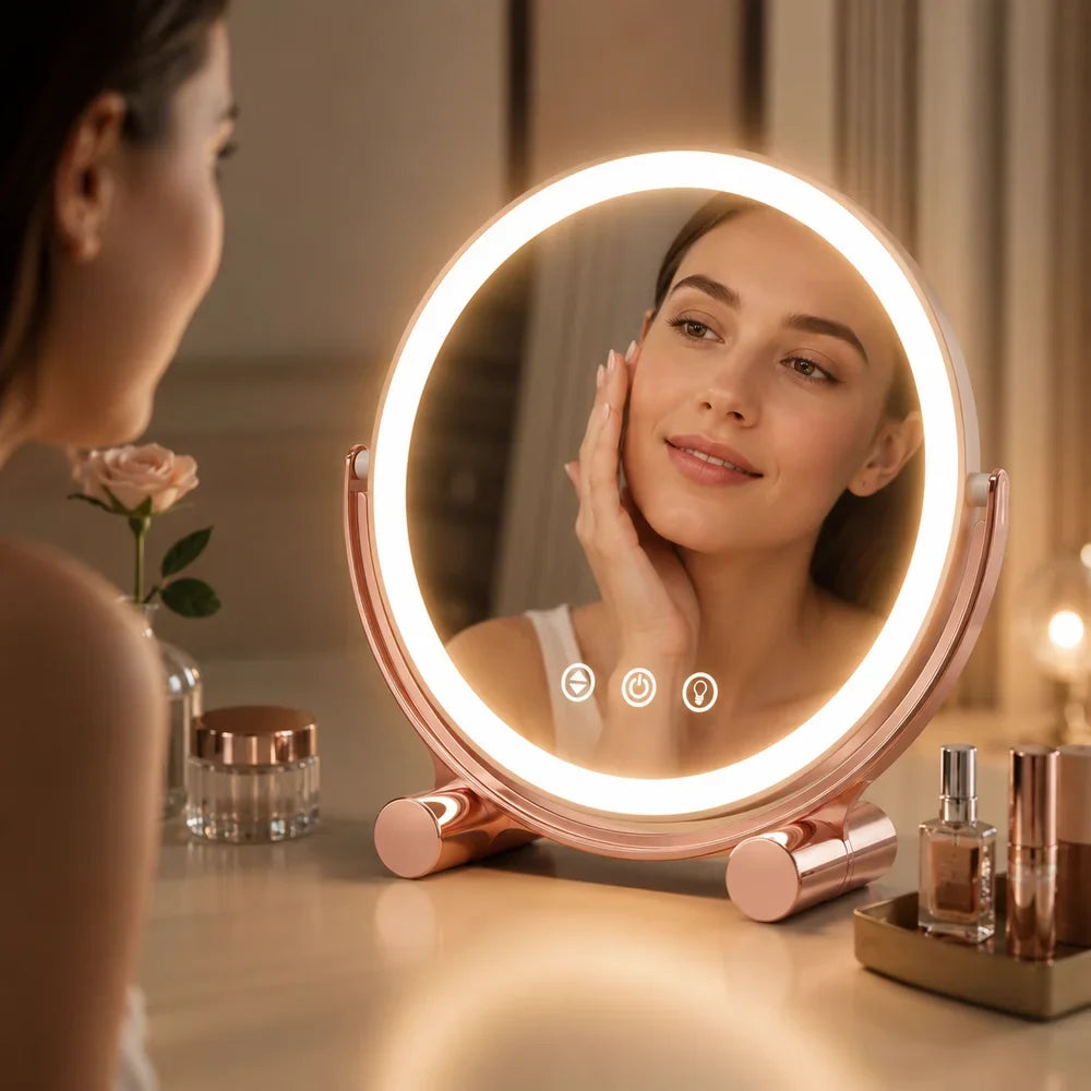 Pink Tabletop LED Makeup Mirror Rechargeable Touch Control