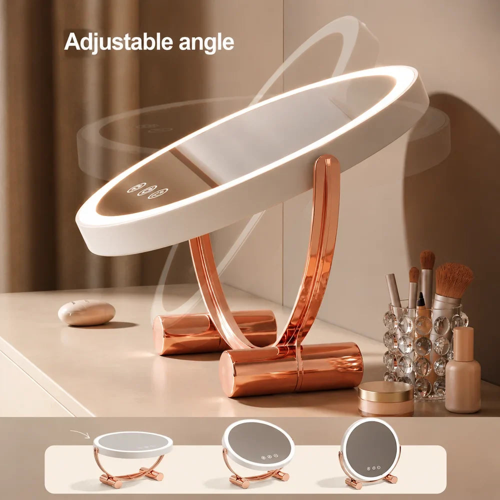 Pink Tabletop LED Makeup Mirror Rechargeable Touch Control