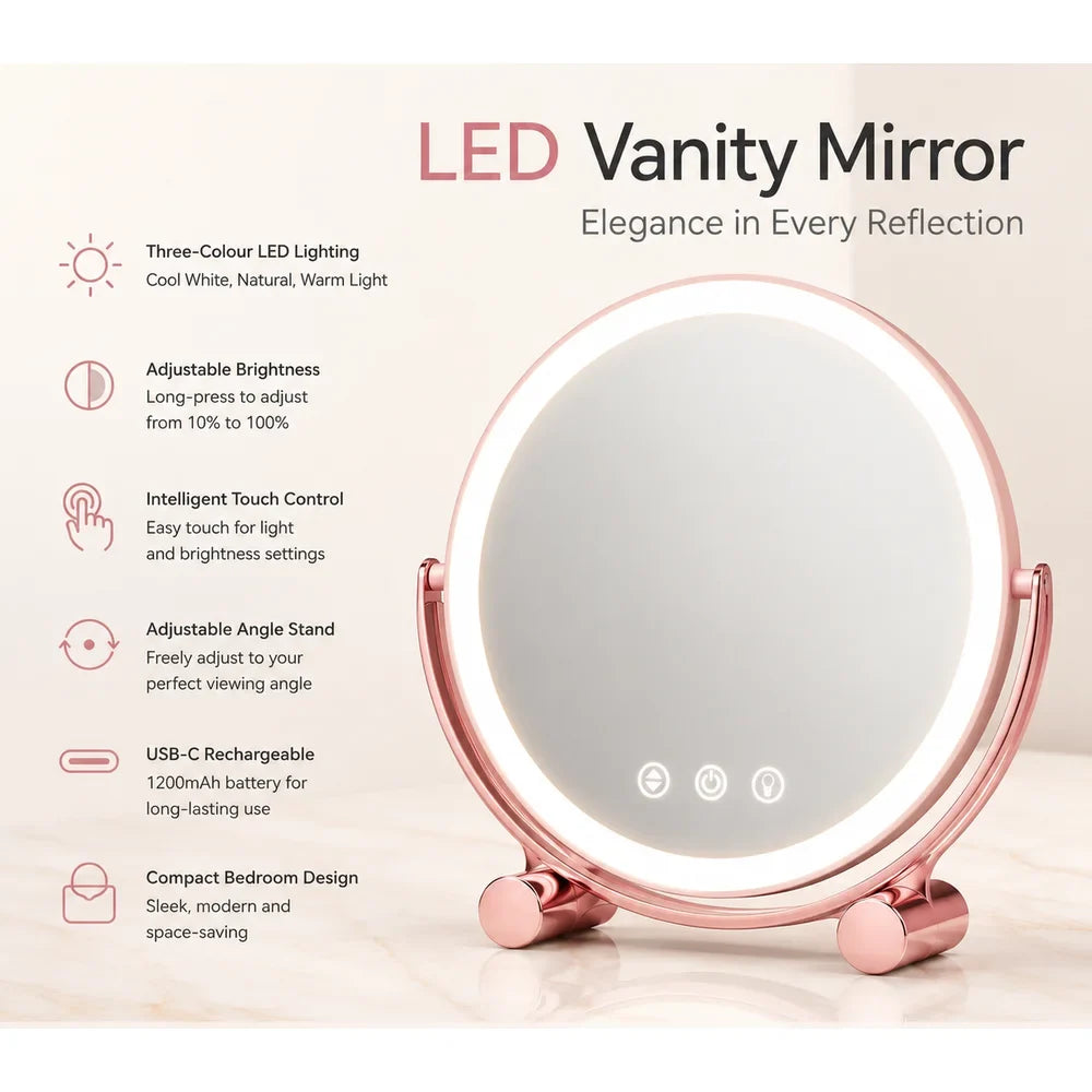 Pink Tabletop LED Makeup Mirror Rechargeable Touch Control